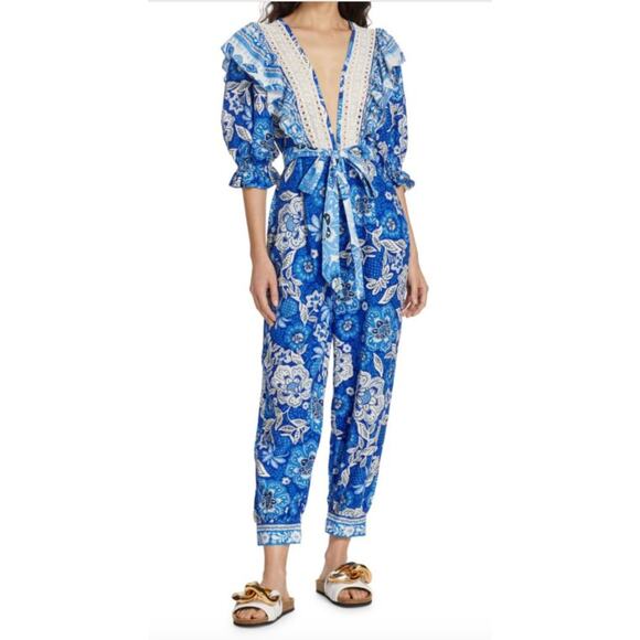 FARM Rio Pants - FARM Rio Womens Full of Flowers Linen Blend Half Sleeve Blue/White Jumpsuit XS